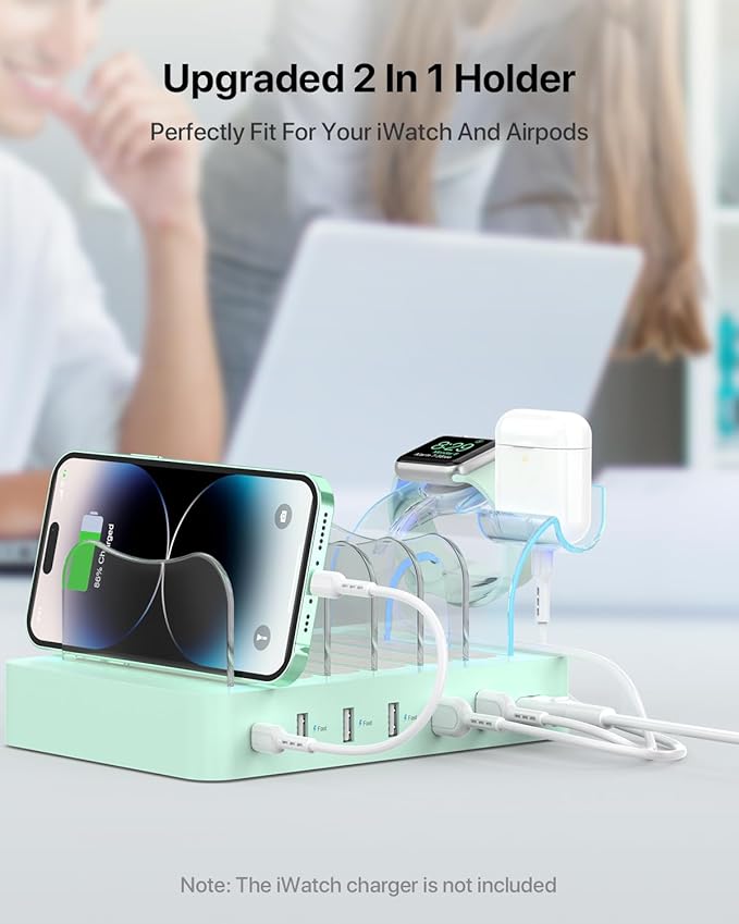 SooPii 60W/12A 6-Port Charging Station for Multiple Devices, PD 20W USB C Fast Charging for lPhone 14/13/12,6 Short Cables Included, 2 in 1 Holder,for Phones,Tablets and Others