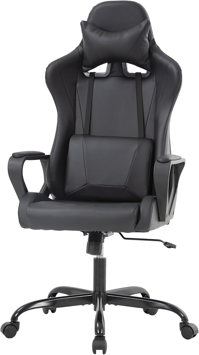 PayLessHere Ergonomic Racing Desk Chair Gaming Chair Computer Chair with Armrests 360° Swivel & Caster Pu Desk Task Chair Executive Headrest Lumbar Support for Back Pain Women Men and Adults (Black)