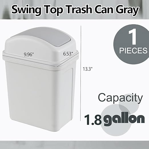 1.8 Gallon Small Waste Bin with Swing Lid, Plastic Bathroom Garbage Can, Gray