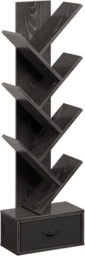 Rolanstar 7 Tier Bookshelf with Drawer, Tree Bookshelf, Small Bookshelves with Storage Rack for CDs/Movies/Books, Standing Book Shelf, Tall Narrow Bookcase for Living Room, Bedroom, Black