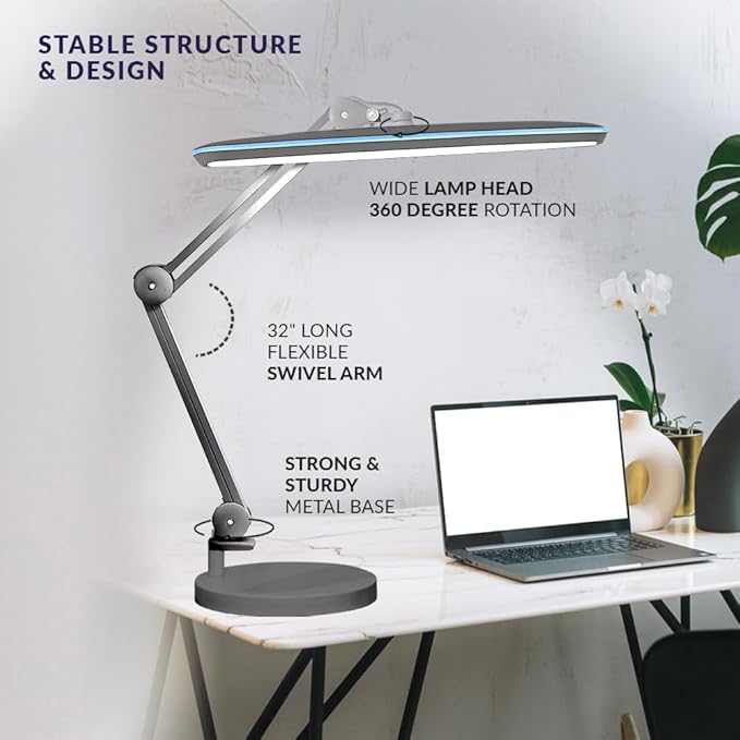 Neatfi XL 2,200 Lumens 24W LED Desk Lamp – 23” Wide Shade | Dimmable Eye-Caring Task Light | Adjustable Arm | Home Office, Study, Crafts & Nail Tech (Silver, Non-CCT with Clamp)