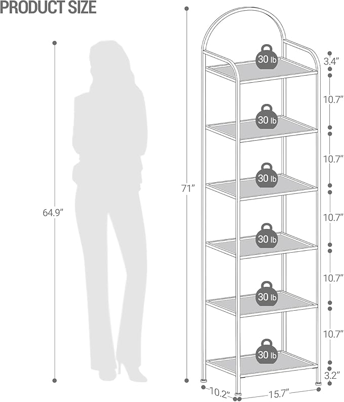 Hzuaneri Bookcase Bookshelf, Tempered Glass Bookshelves, Slim Shelving Unit for Bedroom, Bathroom, Home Office, Steel Frame, 6 Tier Black BC10601B