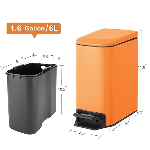 Cesun Slim Step-On Stainless Steel Desk Wastebasket – Matte Orange (1.6 Gal)