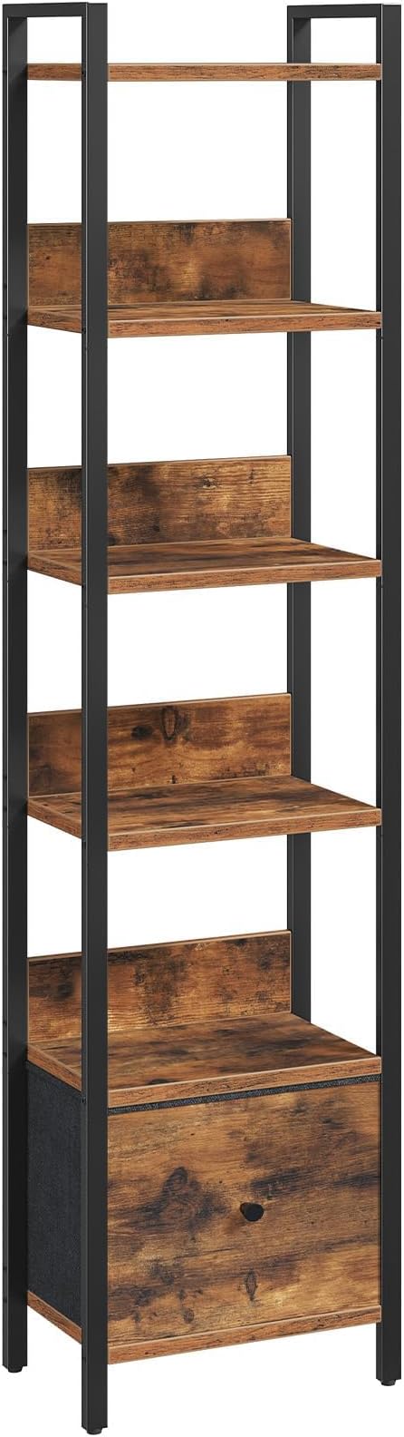 MAHANCRIS Bookshelf, 6-Tier Bookcase with Drawer, Small Book Shelf for Small Space, Storage Shelf Organizer, for Living Room, Bedroom, Study, Kitchen, Rustic Brown and Black BKHR66101