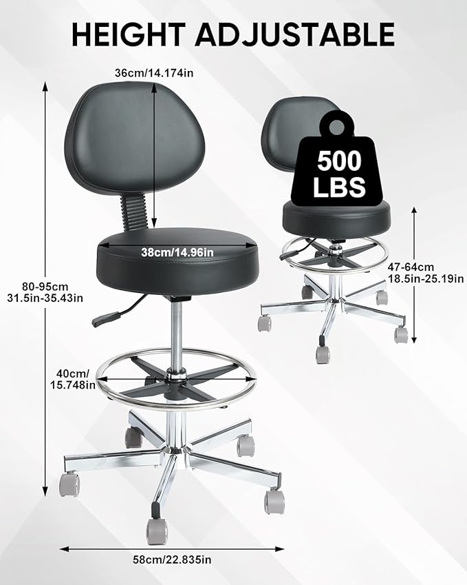 Rolling Stool with Wheels,360° Swivel Tattoo Chair,Adjustable Heavy Duty Office Stool for Guitar Tattoo Shop（Black）