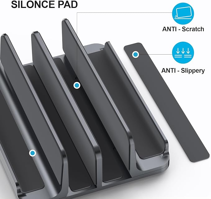 YICOSUN 4-Slot Aluminum Vertical Laptop Stand for Desk - Adjustable Width Dock for MacBook, Surface, Samsung, HP, Dell up to 17.3 inches - Space-Saving & Protective Design - Gray