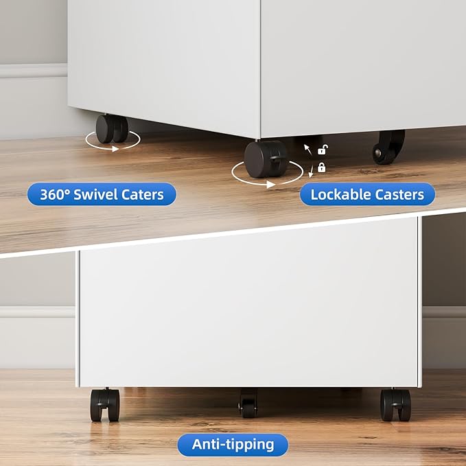 Dripex 3 Drawer White File Cabinet, Mobile Under Desk Storage File Cabinet with Lock on Wheels, Fully Assembled, Letter/Legal Size, Small Short Vertical Metal Rolling Filing Cabinets for Home Office