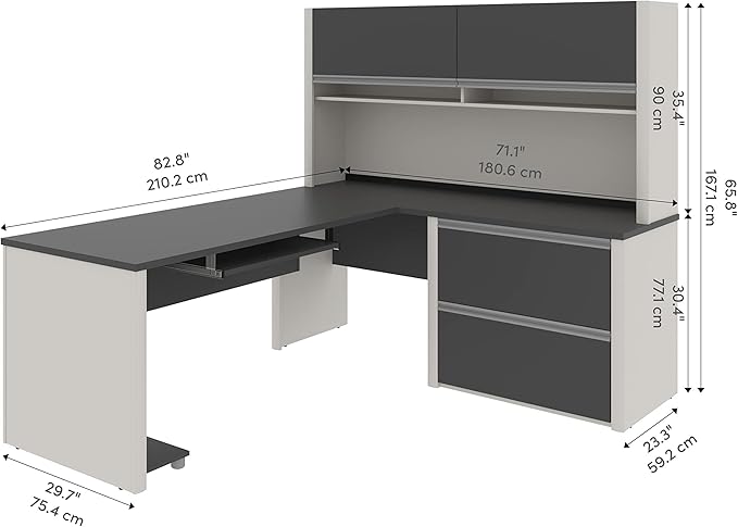 BOWERY HILL L-Shaped Office Desk Set, Sandstone and Slate Finish, Commercial-Grade Work Surface, Melamine Coating, Shock-Resistant Edges, Wire Management, Storage Drawers, Modern Office Furniture