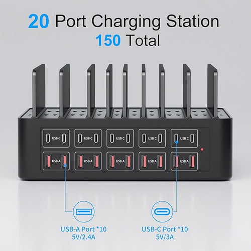 150W/35A Charging Station for Multiple Devices, 20 Port USB C Fast Charging Station with Adjustable Dividers - Organizer Charging Dock for Smartphone, iPad, Kindle, Tablet & More