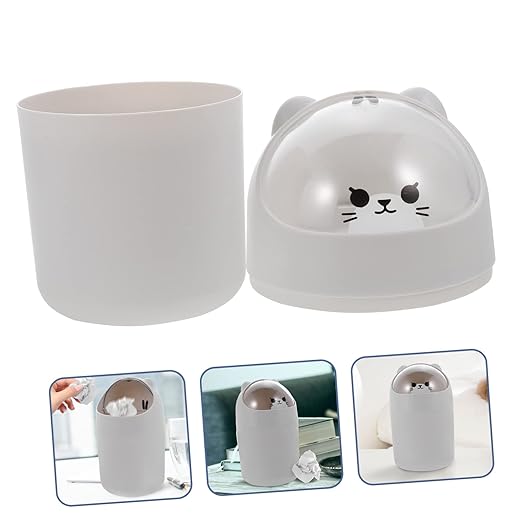 Vaguelly Cute Bear Desktop Trash Can Lid Mini Plastic Waste Bin for Office and Home Slim Cartoon Garbage Can for Bedroom and Desk
