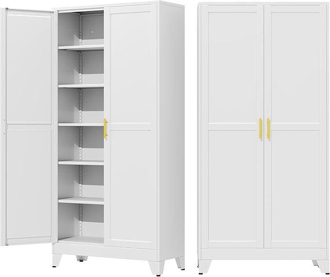 75" Metal Storage Cabinet with Adjustable Leveling Foot,Garage Storage Cabinets with 2 Doors and 5 Adjustable Shelves, Black Steel Cabinet for Office,Home,Garage(Widen)