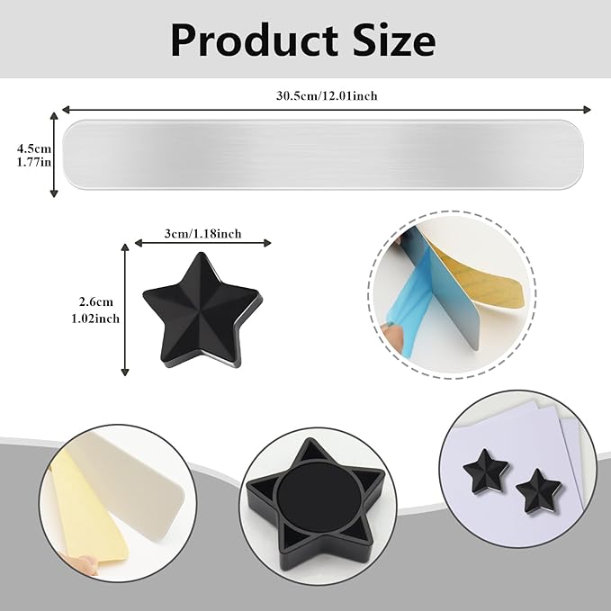 Magnetic Board - Frameless Stainless Iron Magnetic Strips with Adhesive Backing, 3pcs Magnet Board for Wall, Bulletin Bar Board with 10 Pieces Black Star Magnet, Memo Bar for Office School Home