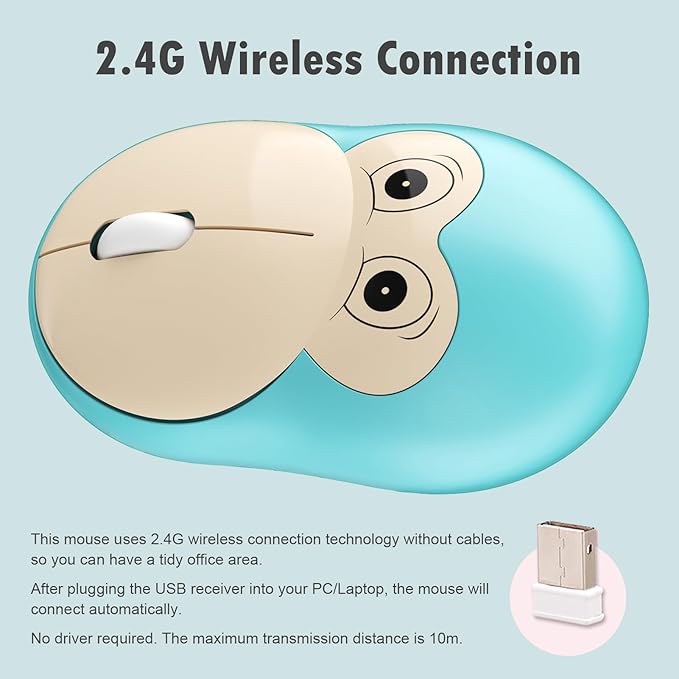 Lomiluskr Cute Monkey Wireless Mouse, Silent Mice, 2.4G Wireless Mice, Candy Colors, Kawaii Mouse for Girls and Kids (Light Blue Monkey)