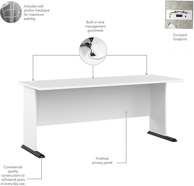 Bush Business Furniture Studio A 72W Computer Desk with 3 Drawer Mobile File Cabinet in White, Commercial-Grade Gaming and Work Table for Home or Professional Office