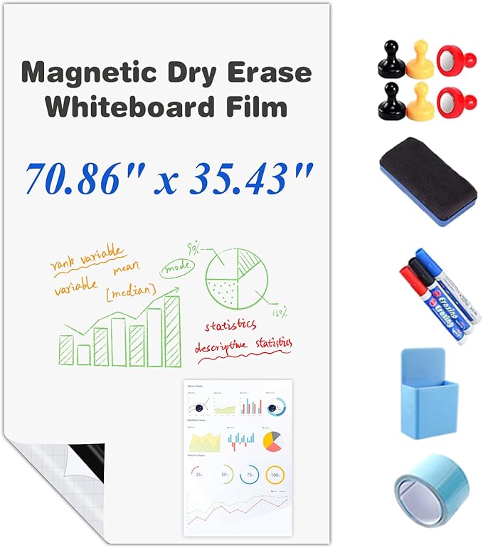 Self-Adhesive Dry Erase Whiteboard Sticker, 70.86" x 35.43" Magnetic Receptive White Board Wall Film, No Ghosting, Easy Write & Clean | Peel & Stick for Office, Home & Classroom,Incl. Accessories