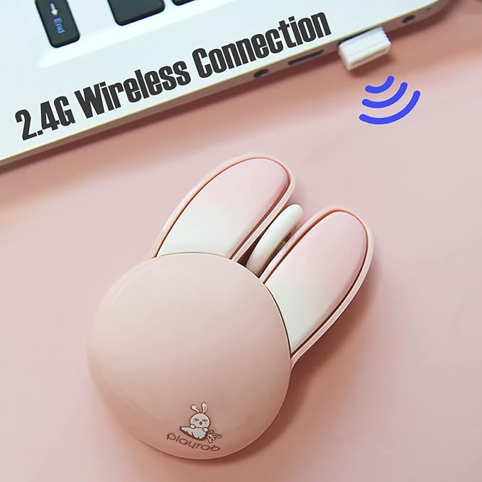 Lomiluskr Cute Bunny Wireless Mouse, Lightweight Soundless Mice, 2.4G Wireless Mice, Candy Colors, Kawaii Rabbit Mouse for Girls and Kids (Blue Bunny)
