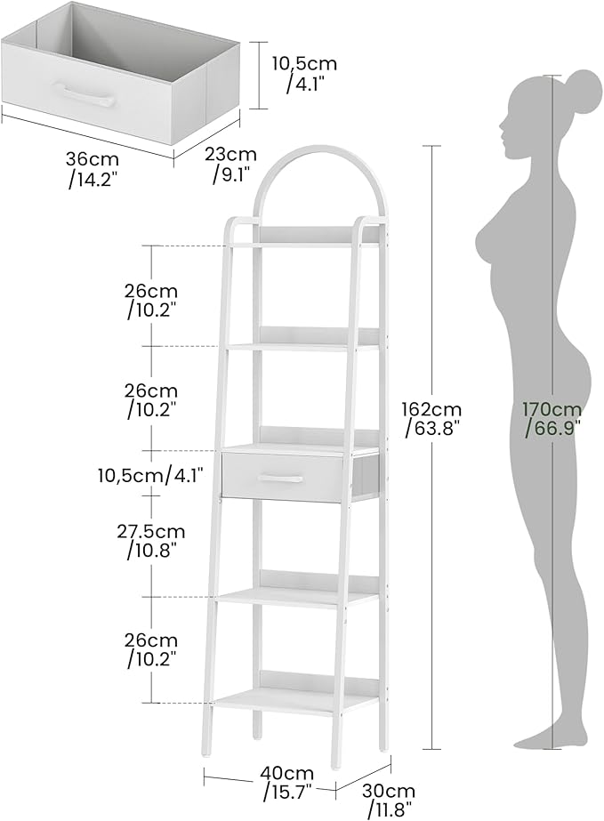 CHOEZON 5 Tier Ladder Shelf with Drawer, Tall Ladder Bookshelf, Standing Bookcase with Metal Frame for Living Room, Bathroom, Home Office, Study, Balcony, White TCJ07WB