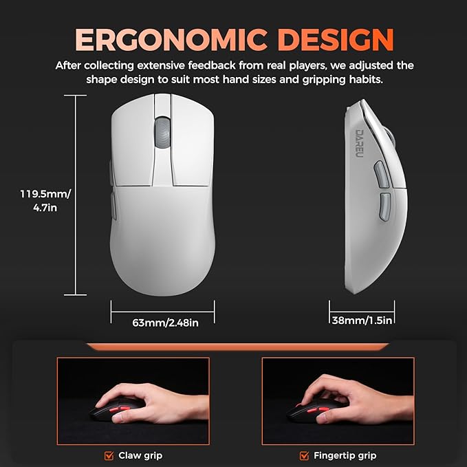 DAREU A950 Wing Ultralight Wireless Gaming Mouse 1.23oz (35g), Custom PAW3950 Optical Sensor,30K DPI, Wired/Wireless Dual 8000 Polling Rate, Symmetrical, 5 Programmable Buttons,70H Battery, Web Hub
