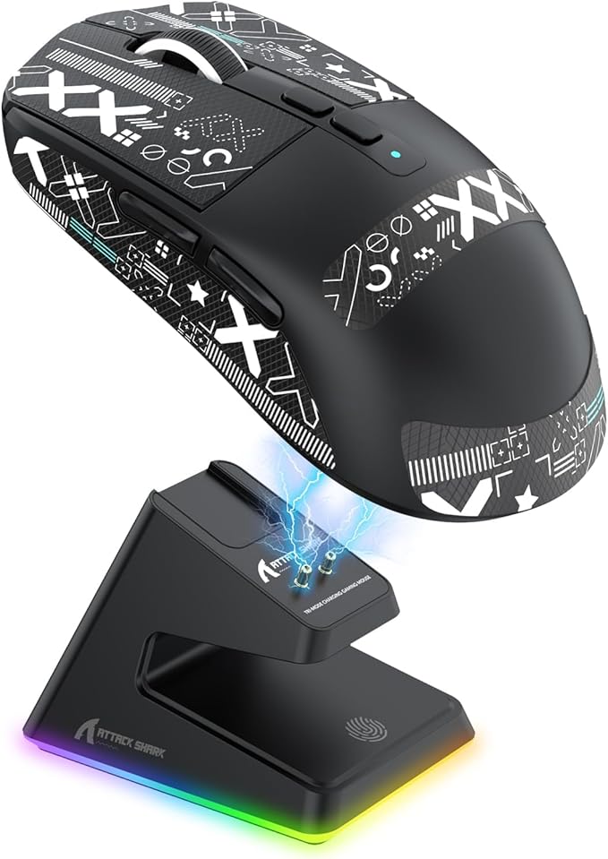 MAMBASNAKE Attack Shark X6 Wireless Gaming Mouse,RGB Magnetic Charging Dock,49g Ultralight X3 Upgrade,Tri-Mode 2.4GHz/BT5.2/USB-C,PAW3395 Sensor 26KDPI,G502 Programmable Mice for Win/Mac - Black&Tape