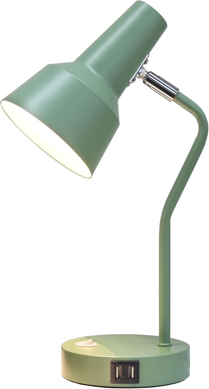 Simple Designs LD1072-SGE 15.2" Sleek Essentials Metal Cone Shade Desk Lamp with Adjustable Shade and Dual USB Ports, for Office, Desk, Nightstand, Dorm, Sage Green