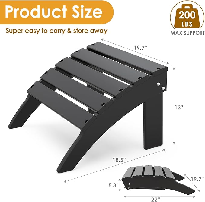IVY&LANE Outdoor Adirondack Ottoman | Folding | Set of 2 | HDPE | Black | All Weather | Waterproof Patio Footrest for Adirondack Chair | Poly Lumber Foot Rest for Deck Backyard