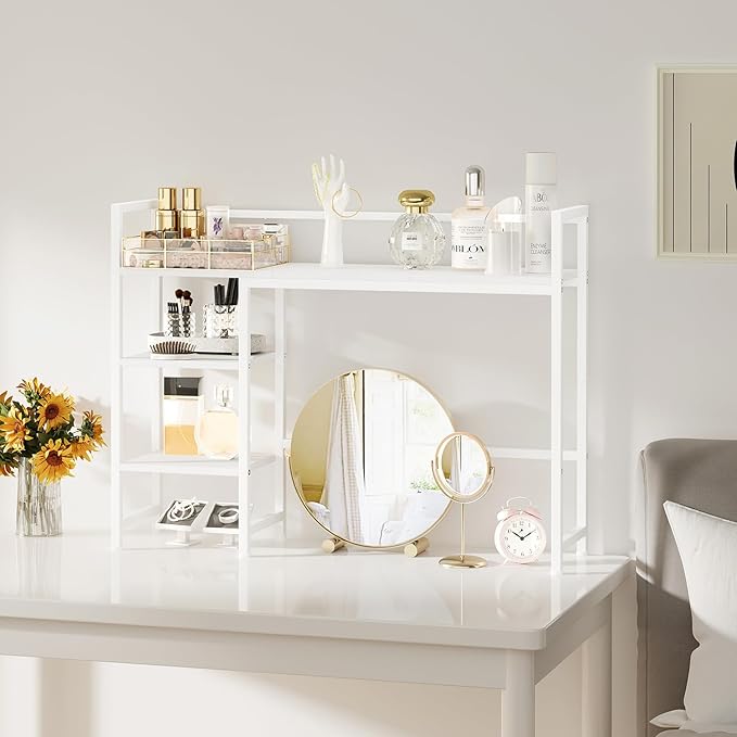 38.6" Book Shelf with 3 Tier Open Shelves Bookshelf and Desk Shelf to Combined for Computer Desks, Desk Hutch for Top of Desk, Bookcase for Dorm or Office, Adjustable Desktop Shelfs, White