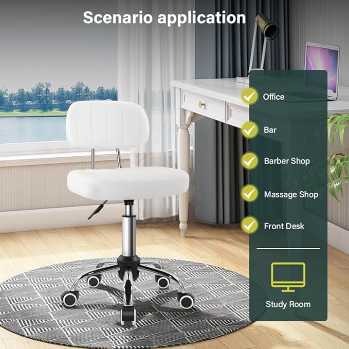 BFTOU White Square Swivel Stool with Wheel for Work SPA Shop Massage Height-Adjustable and Cost-Effective Rolling Stool Chair with Back