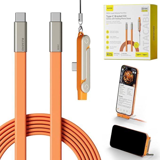 2 in 1 Invisible Holder Charger Cable with Stand,240W Super Fast Charging Cord with Detachable Foldable Stand,USB-C Charge Cable,Compatible with iPhone for Samsung for Gaming Office Car Travel