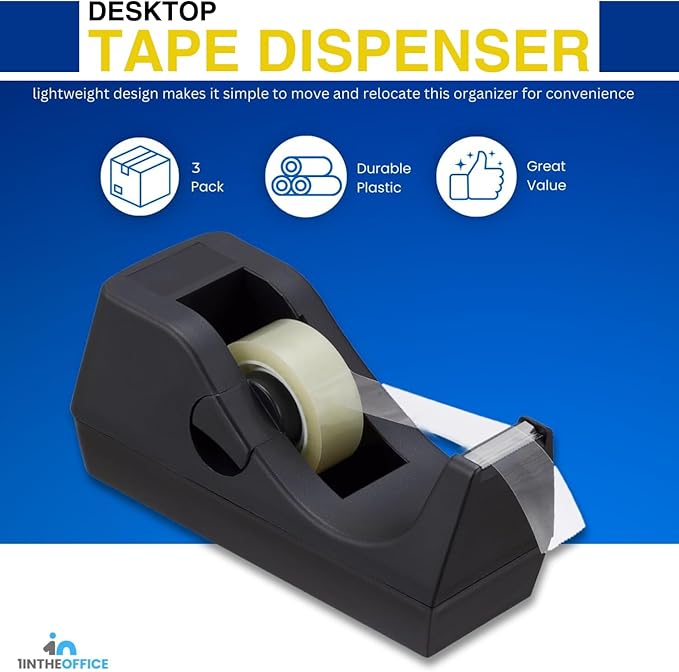 1InTheOffice Tape Dispenser Desk, Weighted Nonskid Base, 1 Inch Core, Black, 3 Pack