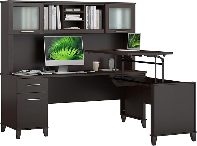 Bush Home Somerset 72W 3 Position Sit to Stand L Shaped Desk with Hutch in Mocha Cherry | Adjustable Height Table for Home Office
