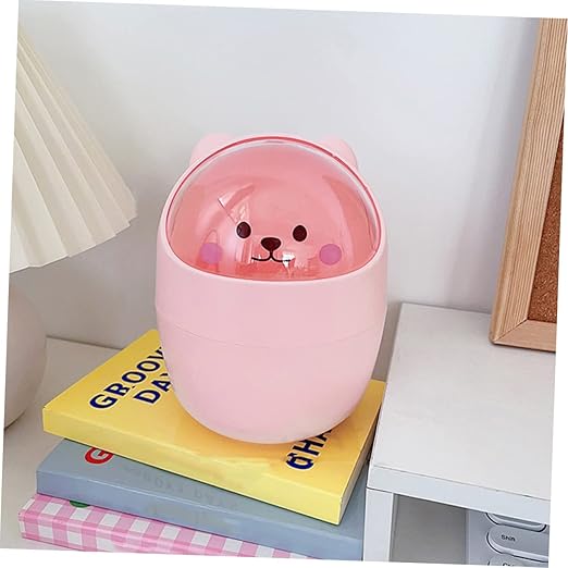 Cute Bear Mini Desktop Trash Can Lid Slim Plastic Trash Bin for Home Office Cartoon Garbage Container for Bedroom and Desk