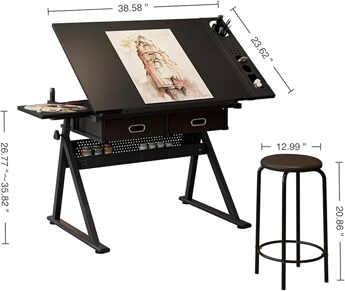 Drafting Table, Height Adjustable Drawing Table Art Table with Stool, 0-75° Tilted Tabletop Artist Desk Painting Table with Storage for Home Office School, Type 4-Black