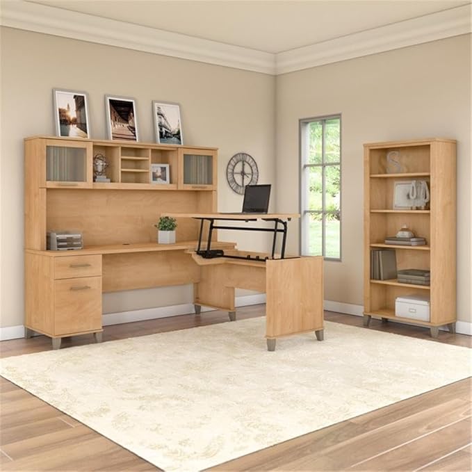 Scranton & Co Sit to Stand L-Shaped Desk, 72W Desk with Drawers, 42W Lift-n-Lock Return, Hutch with Frosted Glass Doors, 5-Shelf Bookcase, Maple Finish, Ergonomic Office Furniture Set
