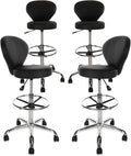 KLASIKA Black PVC Faux Leather Drafting Chair Set of 4 Rolling Swivel Salon Stool with Back Support Foot Rest Adjustable Hydraulic Seat Height for Massage Facial Spa Medical Drafting Tattoo Beauty