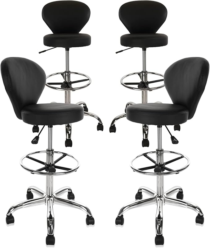 KLASIKA Black PVC Faux Leather Drafting Chair Set of 4 Rolling Swivel Salon Stool with Back Support Foot Rest Adjustable Hydraulic Seat Height for Massage Facial Spa Medical Drafting Tattoo Beauty