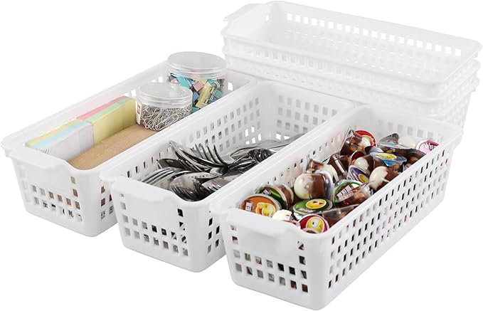 6 Pack Slim Plastic Storage Basket, Small Desktop Organizing Basket, White