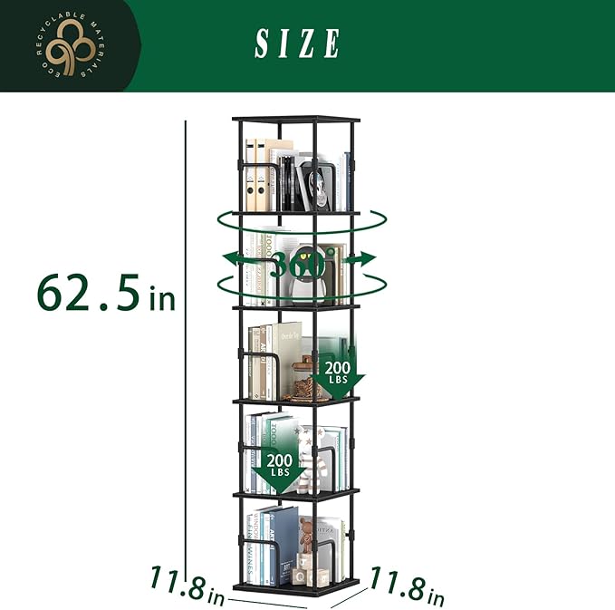 5-Tier Rotating Bookshelf, Freestanding Corner Bookshelf Industrial Style Storage Rack with Rails, for Living Room, Bedroom,