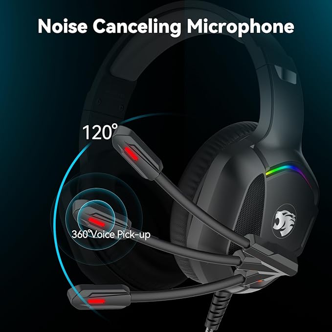 Gaming Headset with Microphone for Pc, Xbox One Series X/s, Ps4, Ps5, Switch, Stereo Wired Noise Cancelling Over-Ear Headphones with Mic, RGB, for Computer, Laptop, Mac, Nintendo (Black)