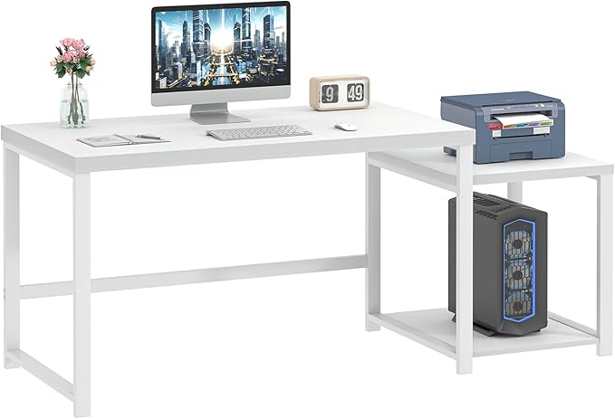 FOLUBAN Large White Computer Desk, Home Office Desk with Printer Space & PC Tower Stand, Modern Study Writing Table Workstation for Living Room Bedroom, 63 Inch
