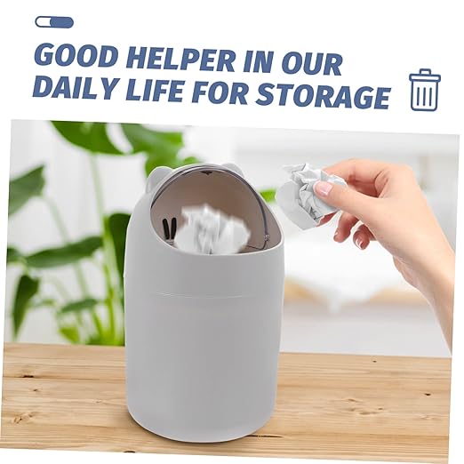 Cute Cartoon Bear Desktop Trash Can Lid Mini Plastic Waste Bin for Home Office Slim Design for Bedroom and Desk