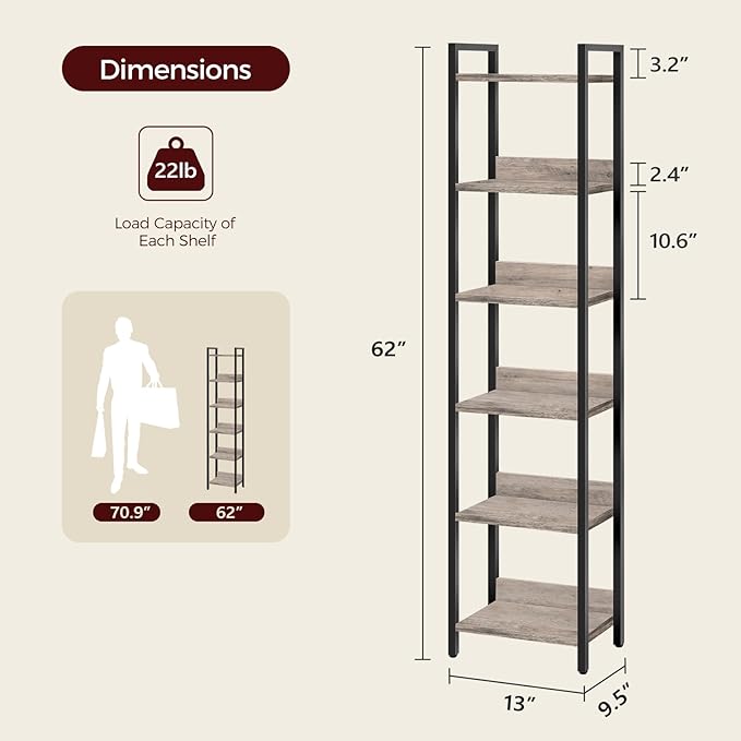 MAHANCRIS Bookshelf, 6-Tier Bookcase, Standing Book Shelf for Small Space, Storage Shelf Organizer, for Living Room, Bedroom, Study, Balcony, Greige and Black BKHG6601