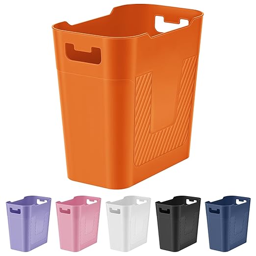 Small Orange Trash Can Wastebasket, 2.9 Gallon Plastic Garbage Can Waste Basket for Narrow Spaces Bathrooms Laundry Room Kitchens Offices Kids Rooms (Orange)