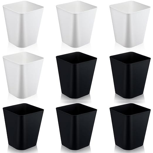 Hoolerry 9 Pieces Garbage Can 2 Gallon Small Trash Cans Bulk Bathroom Trash Bin Plastic Wastebasket Square for Bedroom Slim Bathroom Trashcan Small Container for Kitchen Office Home (Black,White)