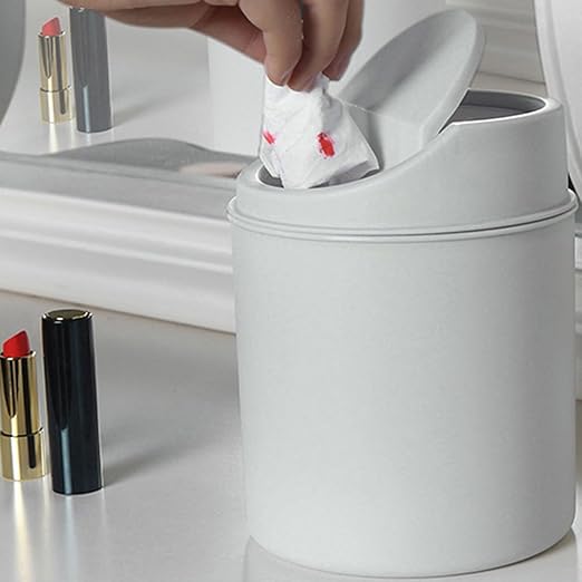 Mini Desktop Trash Can with Lid - 6.3'' Swing-Lid Plastic Garbage Bin for Desk, Countertop & Kitchen, Tiny Creative Waste Basket for Living Room & Office Organization (Grey)
