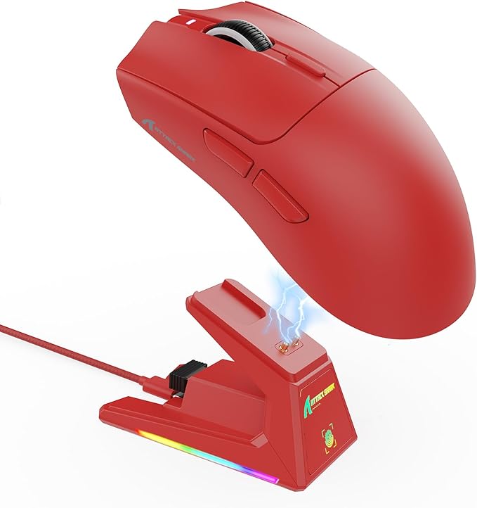 ATTACK SHARK X1 Ultralight Wireless Gaming Mouse with Magnetic RGB Charging Dock,PixArt PAW3395 Pro Sensor,40000DPI,BT/2.4Ghz/Wired,1K Polling,Optical Micro Switch,Web Driver for PC Mac Gamer(Red)
