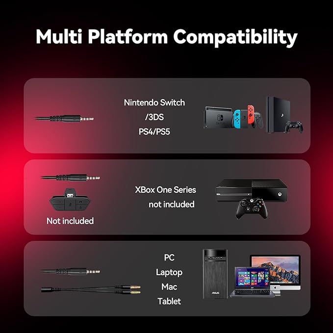 Gaming Headset with Microphone for Pc, Xbox One Series X/s, Ps4, Ps5, Switch, Stereo Wired Noise Cancelling Over-Ear Headphones with Mic, RGB, for Computer, Laptop, Mac, Nintendo (Black Red)