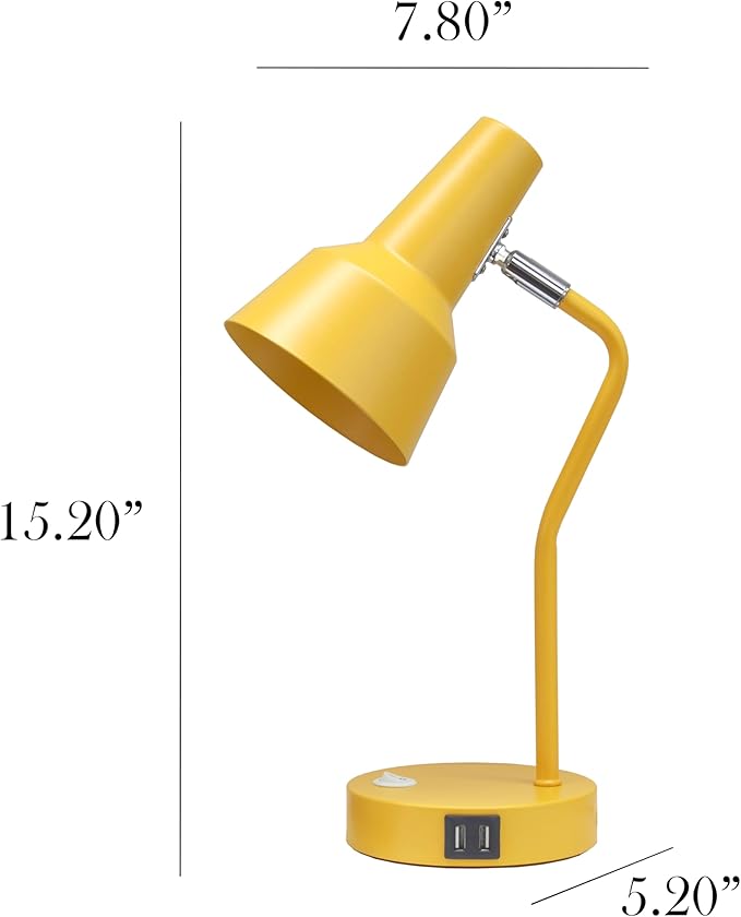 Simple Designs LD1072-YLW 15.2" Sleek Essentials Metal Cone Shade Desk Lamp with Adjustable Shade and Dual USB Ports, for Office, Desk, Nightstand, Dorm, Yellow