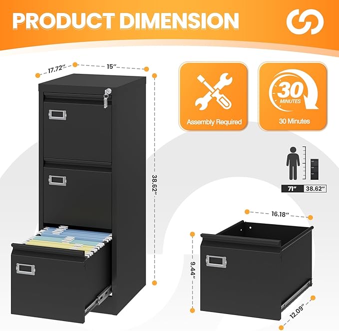 3 Drawer File Cabinet with Lock, Metal Filing Cabinets for Home Office, Vertical Black Locking File Caninet, Steel Narrow Three Drawer File Cabnet for Letter/Legal / A4 / B4- Assembly Required