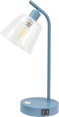 Simple Designs LD1074-BLU 15.75" Sleek Essentials Modern Industrial Metal Desk Lamp with Clear Glass Shade and Dual USB Ports, for Office, Desk, Nightstand, Dorm, Blue