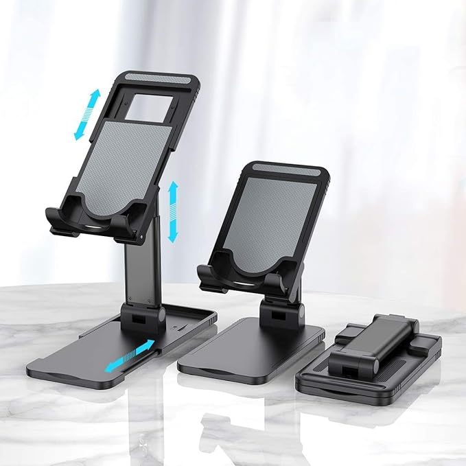 Cell Phone Tablet Stand Mount Fully Foldable Dock Holder Cradle Charger Station Desk Room Office School Kitchen Travel Portable Adjustable Multi-Angle Non-Slip Durable Stable (Black)
